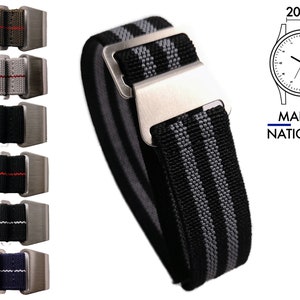Cinturino per orologio Marine Nationale da 20 mm in nylon elastico e fibbia in acciaio inossidabile spazzolato, colori Nero, Kaki, Blu, Grigio. Per polso da 17 a 21 cm.