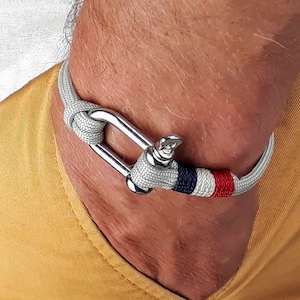 FRENCHY Grey tricolor men's bracelet, Custom-made blue white red gray bracelet with shackle clasp, made in France, Gift idea for him