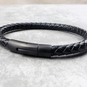 Snake Black Braided Leather Bracelet 6mm, Custom Men's Leather Bracelet, Birthday Gift Idea, Men's Jewelry, Gift for Him