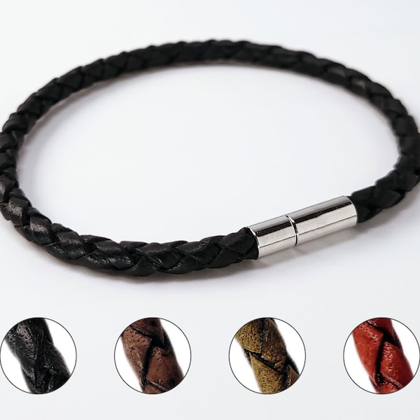 Bracelet Cuir tressé fin 4mm simple tour noir marron vert rouge, Fermoir discret argenté, Bracelet fin homme sur mesure, Idée cadeau