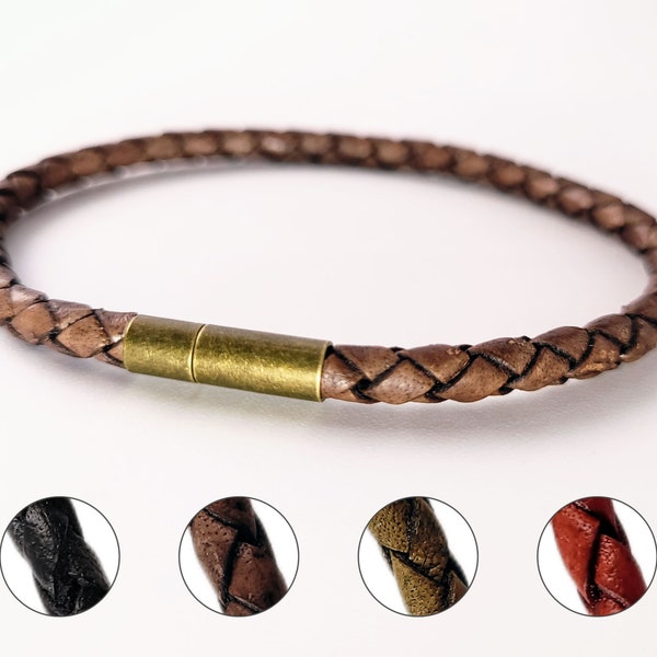 Bracelet Cuir tressé fin 4mm simple tour noir marron vert rouge, Fermoir discret bronze antic, Bracelet fin homme sur mesure, Idée cadeau