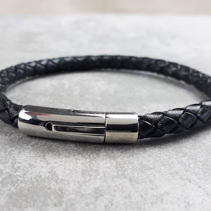 Snake Silver leather bracelet 6mm men - Birthday gift - Men's jewelry - Custom bracelet - Gift for men - Gift for him
