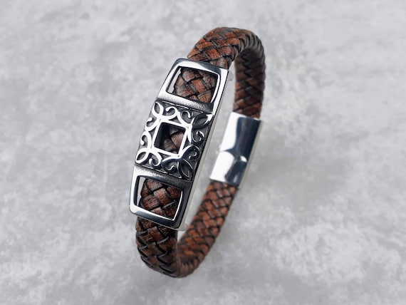 Bracelet Homme En Cuir Noir Tressé - Style Mezzanine Avec Chaîne Acier - Idée Cadeau élégante - 8