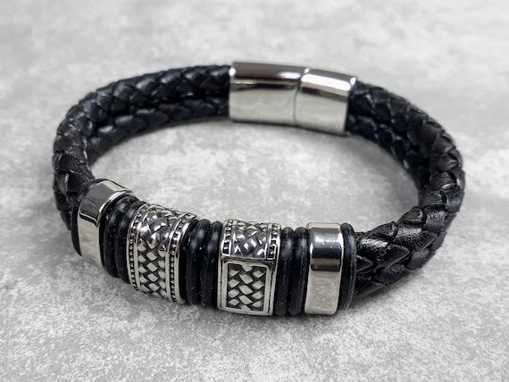 Bracelet Homme En Cuir Noir Tressé - Style Mezzanine Avec Chaîne Acier - Idée Cadeau élégante - 6