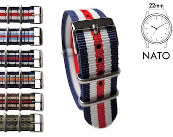 Cinturino per orologio NATO da 22 mm con fibbia premium in acciaio  inossidabile e strisce di nylon blu bianco rosso nero kaki marrone beige 