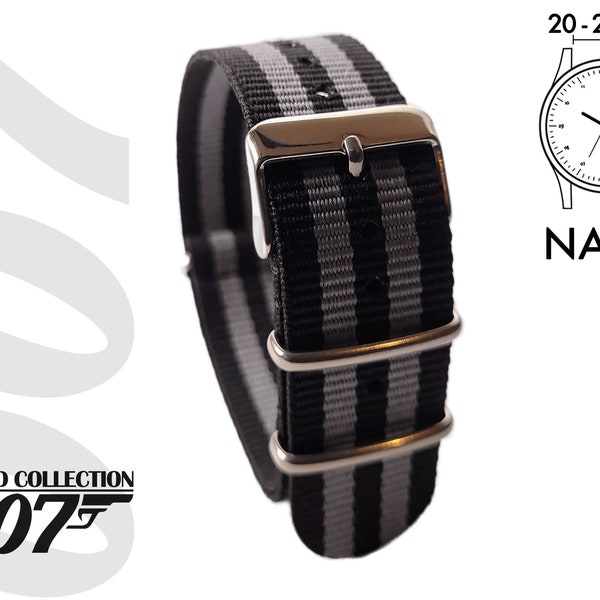20mm 22mm Bracelet NATO JAMES BOND Spectre Collection 007 boucle premium inox et nylon rayures noir gris. Idée cadeau homme.