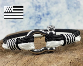 Custom-made men's nautical bracelet in Black & White rope, Breton nautical jewelry shackle, Bracelet for him, Sailor gift for men BRETAGNE