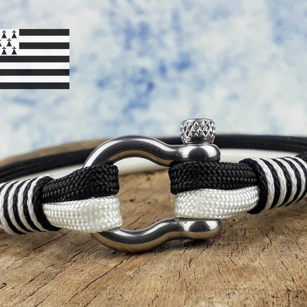 Bracelet nautique homme sur mesure en corde Noir & Blanc, Bijou nautique breton manille, Bracelet pour lui, Cadeau marin pour homme BRETAGNE