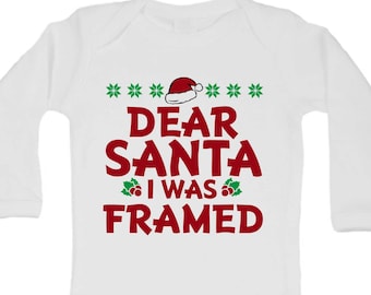 Cute Holiday Shirts and Bodysuits "Dear Santa I Was Framed" Christmas Movie Collection - Baby Newborn Holiday Santa Romper - 1093