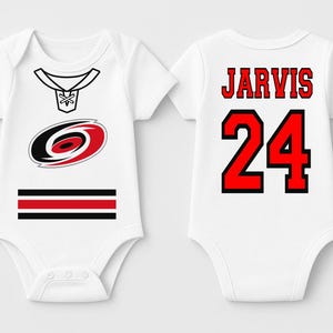 Personalized Carolina Hurricanes Hockey Jersey Bodysuit - Baby and Kids Custom Sports Shirt - Newborn -Toddler Sizes  (Pick Name and Number)