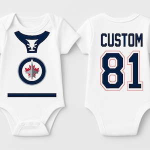 Personalized Winnipeg Jets Hockey Jersey Bodysuit - Baby and Kids Custom Sports Shirts - Newborn - Toddler Sizes - (Pick Name and Number)