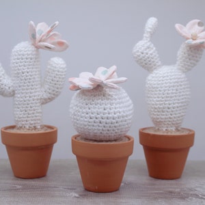May include: Three white crocheted cactus plants in terracotta pots with pink and white flowers. The cactus plants are different sizes and shapes.