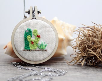 Cactus and Succulent Embroidery For Pendant - Beautiful Charm For A Gift –Embroidered Jewelry - Handmade