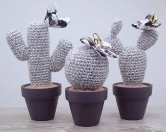 Set of Three Ashy Grey Crocheted Cactus With Fabric Flower / Working Space Decoration/Best Gift/Favor/ Home decoration