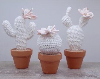 White Blanco Paddle Crocheted Cactus With Fabric Flower / Working Space Decoration/Best Gift/Favor/ Home decoration