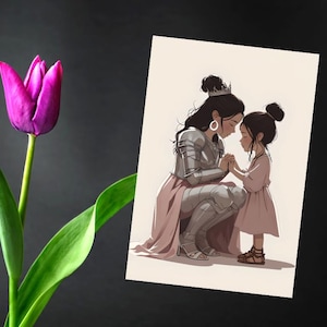 Maman guerrière avec sa fille Carte de voeux, carte de fête des mères, autonomisation de la femme, art fort pour une maman, éducation de filles fortes, carte de lien affectueux