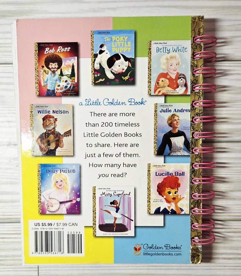 May include: A Little Golden Book journal featuring covers of classic children's books. The back cover displays images of books with Bob Ross, The Poky Little Puppy, Betty White, Willie Nelson, Dolly Parton, Julie Andrews, Misty Copeland, and Lucille Ball.