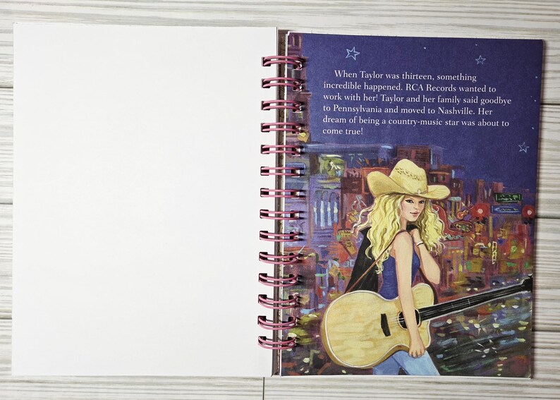 May include: A spiral-bound notebook open to two pages. The right page features an illustration of a woman with blonde hair wearing a cowboy hat and holding a guitar. Text on the page describes a country music star's dream.