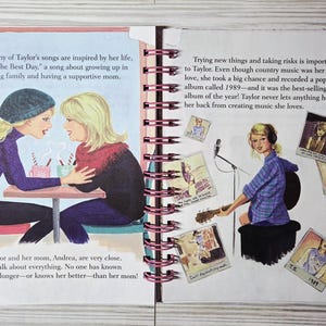 May include: An illustrated book spread featuring two scenes. One shows two women at a table, the other depicts a woman playing a guitar. Text includes song titles and the year 1989.