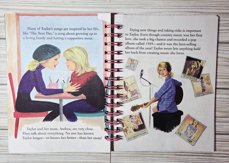 May include: An illustrated book spread featuring two scenes. One shows two women at a table, the other depicts a woman playing a guitar. Text includes song titles and the year 1989.
