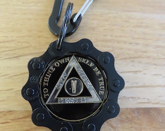 Celebrate Your Anonymous Birthday | Black AA Chip Holder Keychain | Sobriety Coin Keychain | Sober Gift