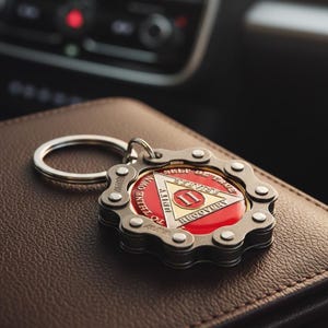 May include: A silver keychain with a circular pendant featuring a red and white emblem. The emblem has the text "Unity, Service, Recovery" and "II" inside a triangle. The keychain is attached to a brown leather wallet.