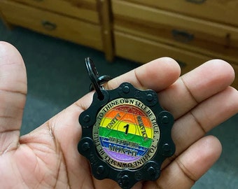 AA Chip Keychain Crafted bicycle chain Alcoholics Anonymous NA CA Medallion KeyRing Gift Sobriety Birthday Black Biker Medallion Holder