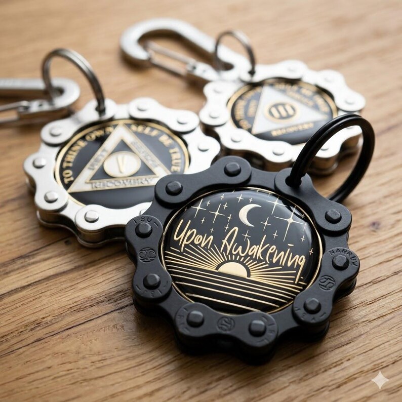 May include: Three circular keychains with metal bicycle chain borders. One black keychain features a gold sun, moon, and stars graphic with the text "Upon Awakening." Two silver keychains feature a triangle emblem with the text "To Thine Own Self Be True" and "Recovery."