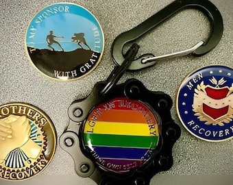 AA Chip Keyring w/ Carabiner Clip Display Medallion Key Chain Bicycle Chain Sobriety Birthday Anniversary Medallion Gift Show Pride Biker