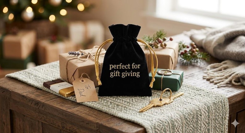 May include: A black velvet drawstring pouch with gold cords and the text "perfect for gift giving" printed in gold on the front. The pouch is positioned among various wrapped gift boxes, a small tag labeled "To Dad," and a gold-colored metal key.