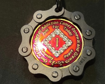 AA Chip Holder Keychain Crafted Gunmetal Brown bicycle chain Alcoholics Anonymous NA CA Medallion Key Ring Recovery Gift Sobriety Birthday