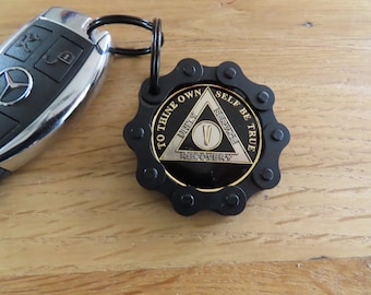 Display your AA Chip Keychain Crafted bicycle chain Alcoholics Anonymous NA CA Medallion Key Ring Gift Sobriety Birthday Anniversary Biker