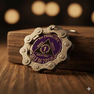May include: A circular medallion featuring a purple center with a gold triangle, the number 1, and the words Unity, Service, Recovery, and To Thine Own Self Be True. The medallion is encased in a silver-toned metal bicycle chain link frame.