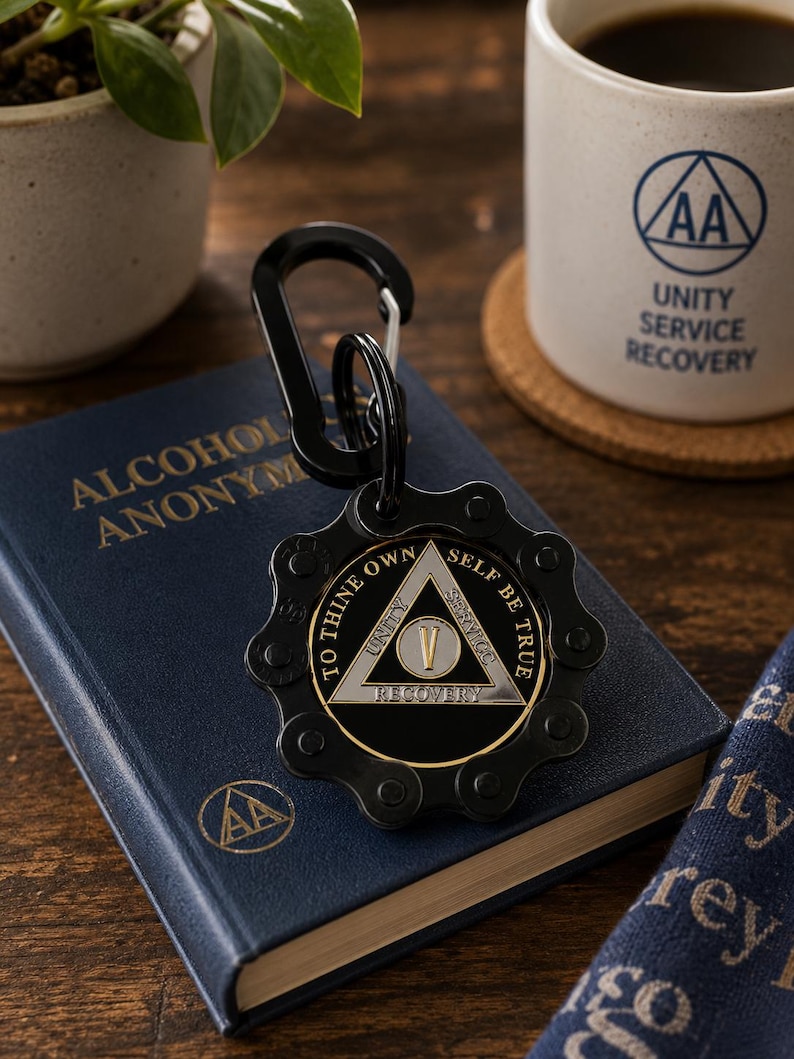 May include: A black metal keychain featuring a gear-shaped outer frame and a central triangular emblem. The emblem displays the Roman numeral V, the words Unity, Service, Recovery, and the phrase To Thine Own Self Be True in silver and black.