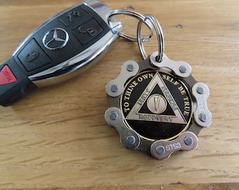 Classic Gray AA Chip Holder Keychain | Upcycled Bike Chain Recovery Medallion Coin Armor | CA, NA, Al-Anon | Coin Keychain
