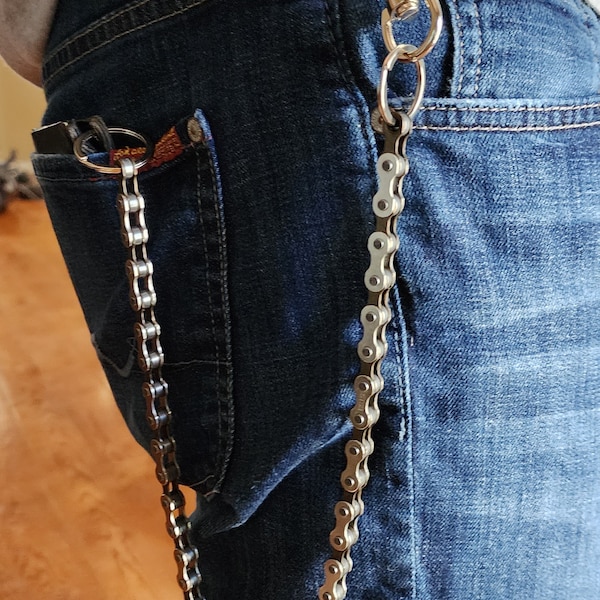 Wallet Chain Two Tone Gray Bike Chain Handcrafted with 2" Carabiner and Quality Hardware Heavy Duty Biker Trucker Harley Davidson  3 Sizes