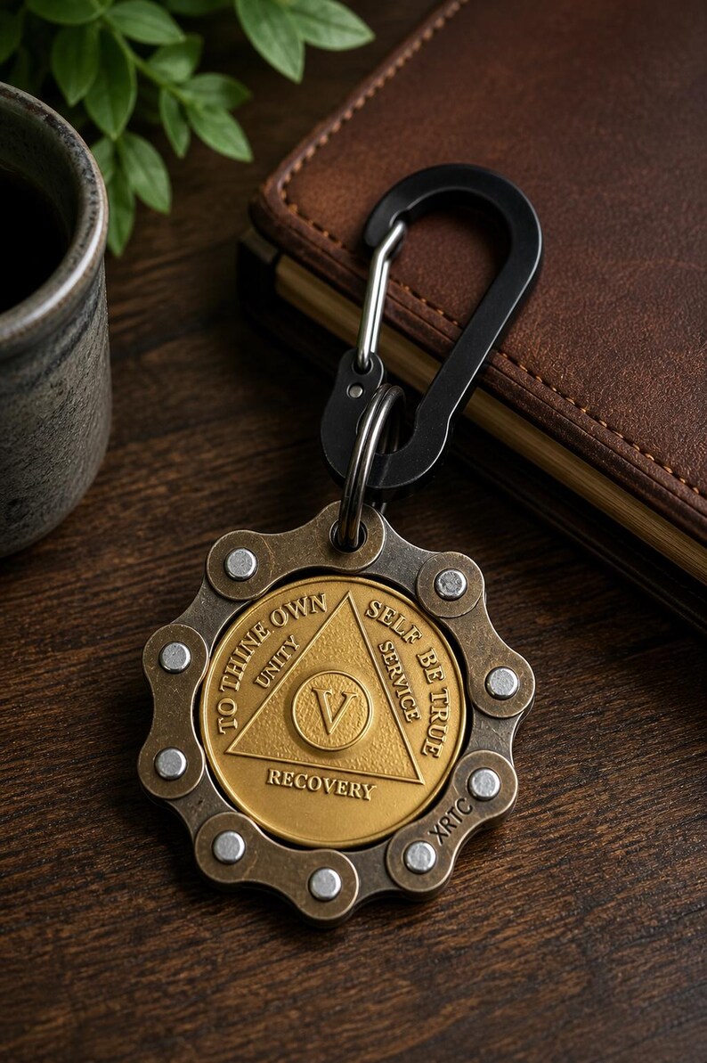 May include: A circular metal keychain featuring a brass-colored center medallion with a triangle, the Roman numeral V, and the text TO THINE OWN SELF BE TRUE, UNITY, SERVICE, RECOVERY, and XRTC, surrounded by a dark metallic bicycle chain link border.