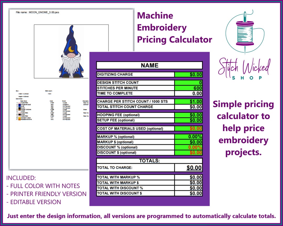 Pricing Calculator for Machine Embroidery, Embroidery Product Pricing Spreadsheet, Instant