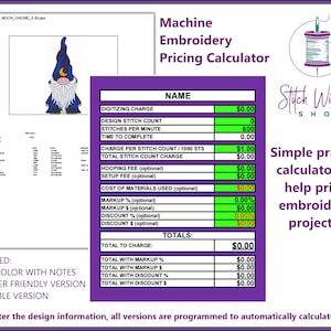 Pricing Calculator For Machine Embroidery, Embroidery Product Pricing Spreadsheet, Instant Digital Download