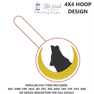 May include: A 4x4 hoop embroidery design featuring a black wolf howling at a yellow crescent moon. The design is perfect for creating a unique and eye-catching embroidery project.