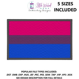 Könnte beinhalten: Ein digitales Stickmuster der bisexuellen Pride-Flagge. Die Flagge ist pink, lila und blau mit einem grauen Rand. Das Design ist in fünf Größen erhältlich. Der Text "Stitch Wicked Shop Embroidery Designs" und "5 SIZES INCLUDED" ist ebenfalls im Bild enthalten.