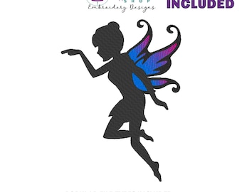 Fee Silhouette, Maschinenstickerei, Fantasy Stickdatei, Stickerei Feen, Instant Download, 8 Größen, Fee 3