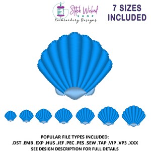 May include: A digital embroidery design featuring a blue seashell in seven sizes. The design includes the text "Stitch Wicked Shop Embroidery Designs" and "7 Sizes Included". Popular file types are listed at the bottom.