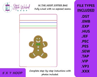 In the Hoop Gingerbread Man Bag Embroidery Design, ITH Zipper Bag, 5 X 7 Machine Embroidery Design, Lined Zipper Pouch With No Exposed Seams