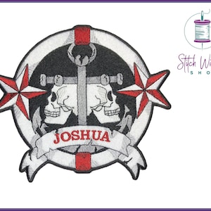 May include: Embroidered iron-on patch with a black and white anchor, two skulls, and a red and white nautical star. The patch has a white banner with the name "JOSHUA" in red lettering.