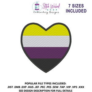 Op de afbeelding: Een geborduurd hartontwerp met de kleuren van de non-binaire pride-vlag: geel, wit, paars en zwart. Het ontwerp is zwart omlijnd en bevat de tekst "7 SIZES INCLUDED". De afbeelding toont ook de tekst "Stitch Wicked Shop Embroidery Designs".