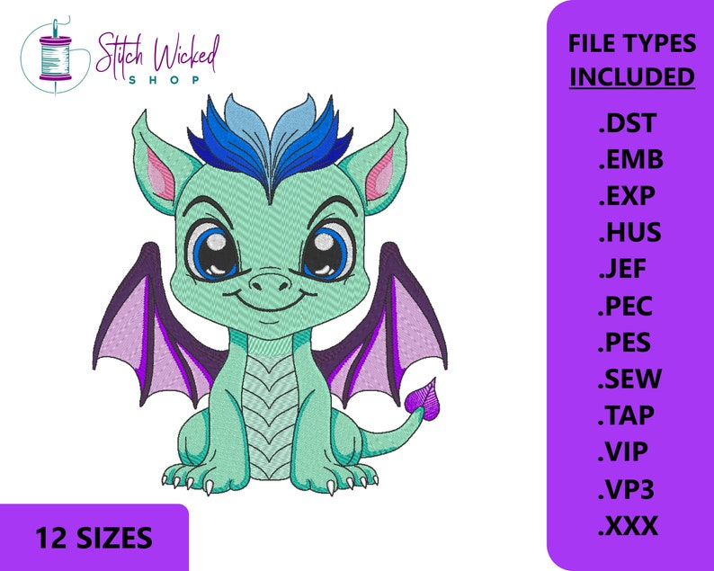 May include: A cute, cartoon-style green dragon with purple wings and blue hair. The dragon is sitting on its hind legs with its wings spread out. The image is for embroidery and includes 12 sizes and multiple file types.