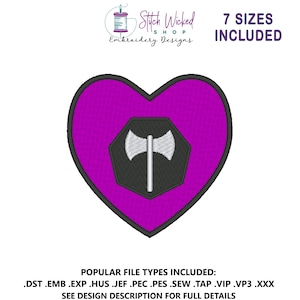 Peut inclure: Un motif de broderie en forme de cœur violet avec un hexagone noir au centre, représentant une hache à double lame blanche. Le design comprend le texte "7 SIZES INCLUDED" et "Stitch Wicked Shop Embroidery Designs".