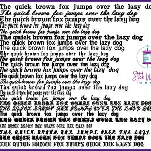 May include: A black and white image with the text "The quick brown fox jumps over the lazy dog" repeated 25 times with different variations in the spelling of the words. The text is numbered from 1 to 25. The image also includes the text "Stitch Wicked Shop" in a purple and teal font.