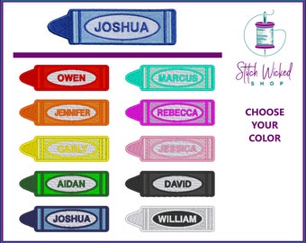 Back To Scool Name Labels, First Day of Scool Nam Tags, Custom Embroidered Crayon Patch, Bookbag Tags for kids, Classroom Name Tags